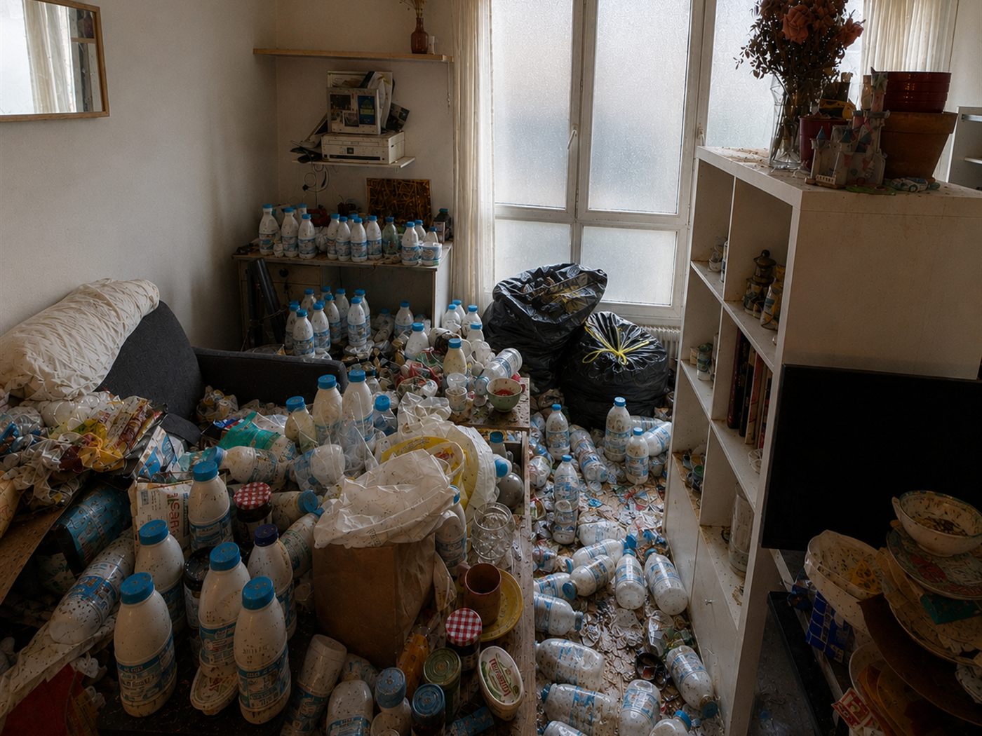 Salon d'un logement Diogène avant intervention : centaines de bouteilles et d'emballages alimentaires recouvrant le sol et les meubles.
