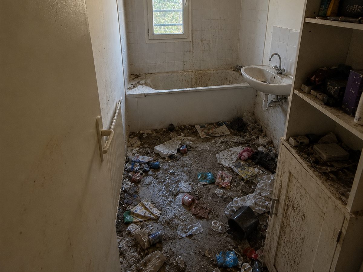 Salle de bains avant intervention : sol jonché de déchets, baignoire, lavabo et murs fortement encrassés.